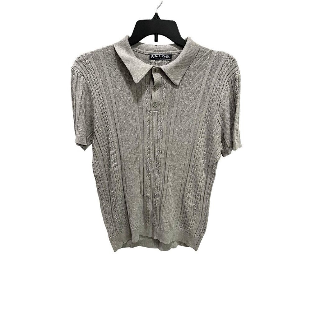 Vintage Paul Jones Cable Knit Men's Large Short Sleeve Polo Shirt Grey Textured